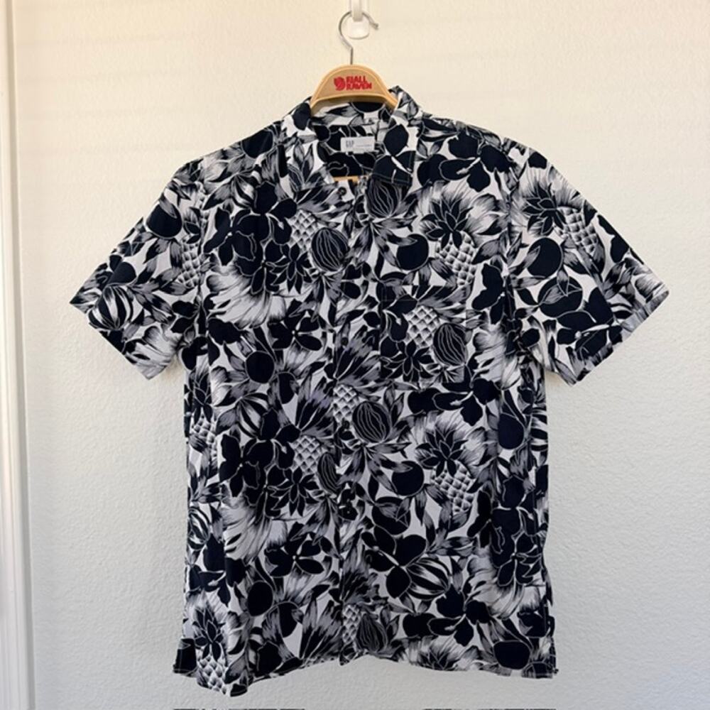 Gap Standard Fit Stretch Camp Shirt Blue White Poplin Floral Casual Men's Large